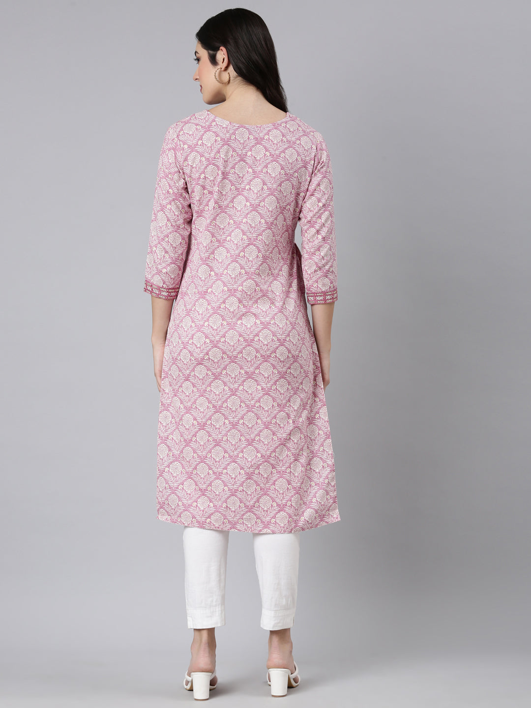 Neerus Pink Panelled Straight Floral Kurtas