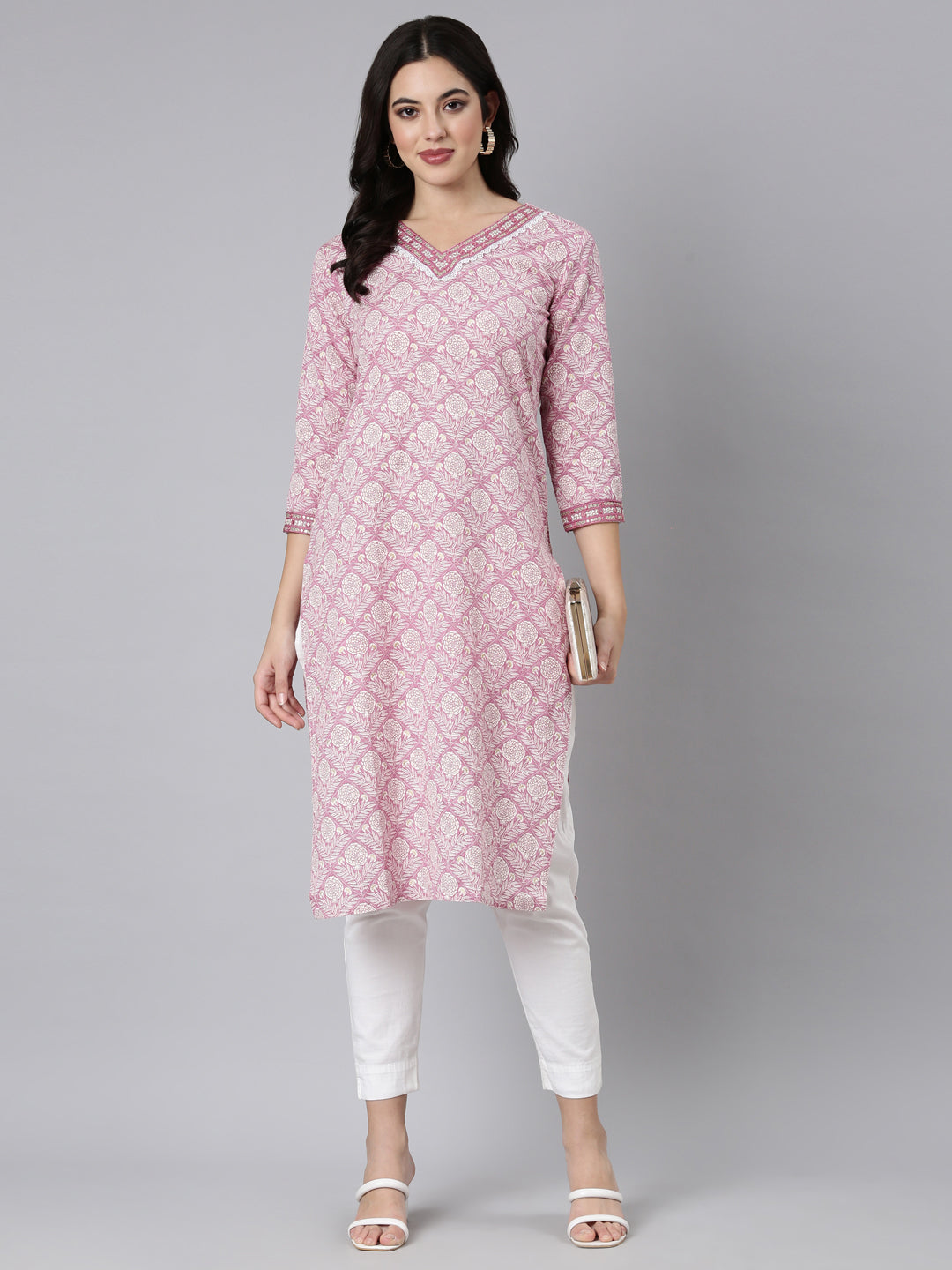 Neerus Pink Panelled Straight Floral Kurtas