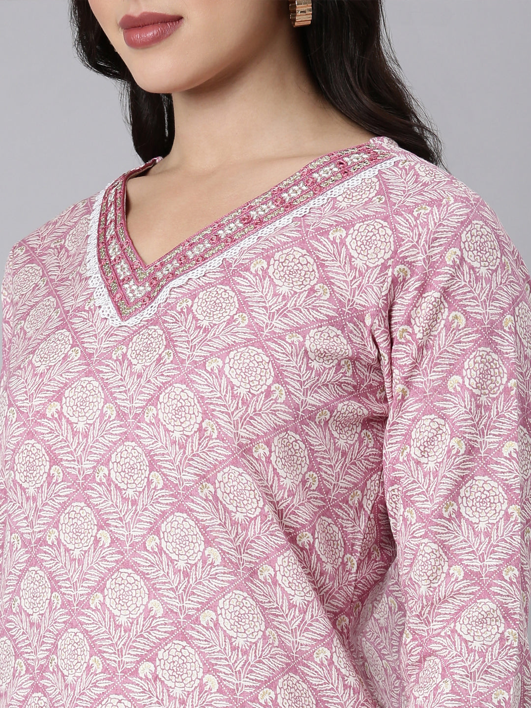 Neerus Pink Panelled Straight Floral Kurtas