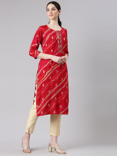 Neerus Red Straight Casual Striped Panelled Kurtas