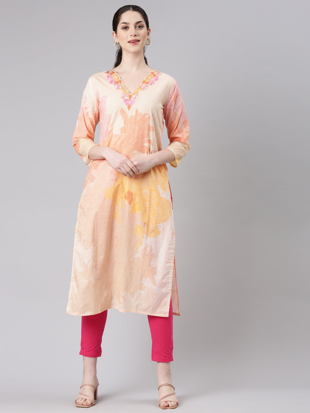 Neerus Cream Straight Casual Floral Kurtas