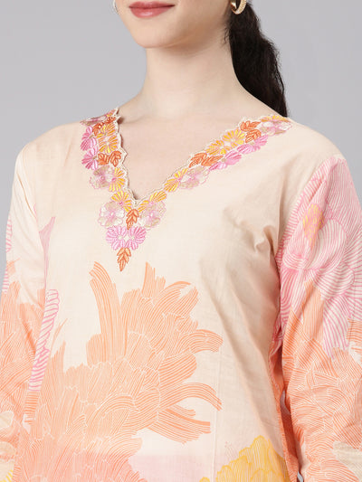 Neerus Cream Straight Casual Floral Kurtas