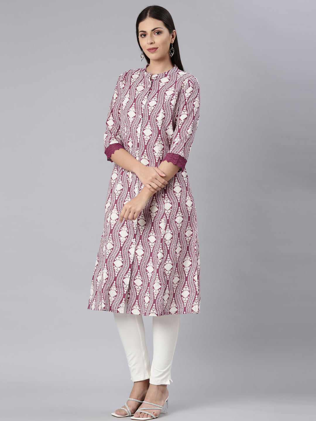 Neerus Purple Straight Casual Chevron Straight Kurtas