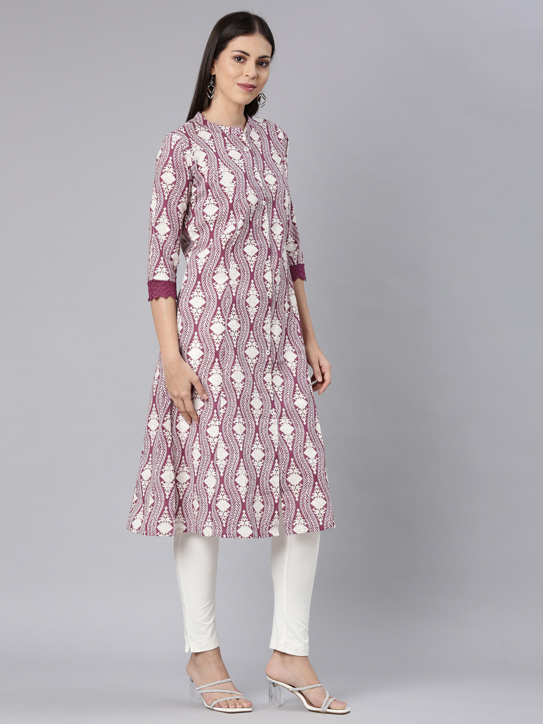 Neerus Purple Straight Casual Chevron Straight Kurtas