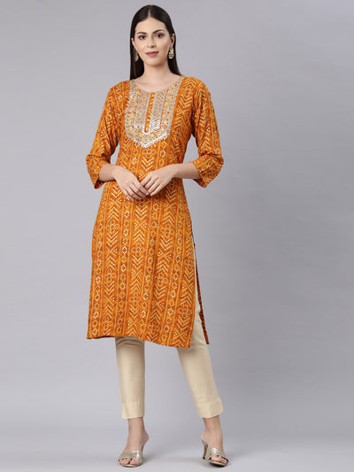 Neerus Mustard Straight Casual Bandhani Straight Kurtas