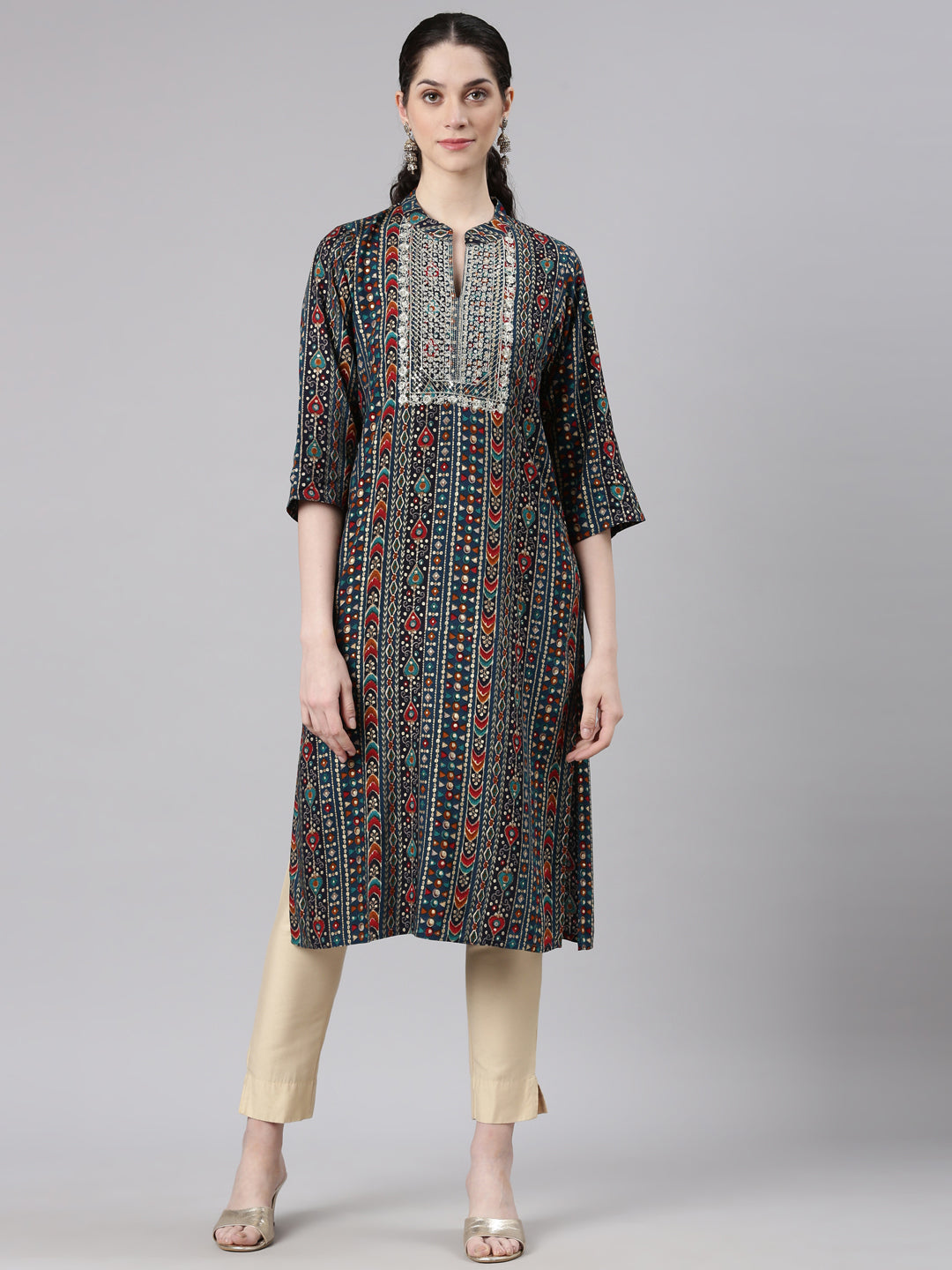 Neerus Blue Straight Casual Ethnic Motifs Kurtas