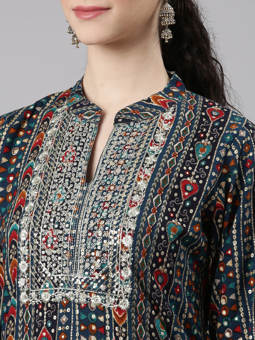 Neerus Blue Straight Casual Ethnic Motifs Kurtas