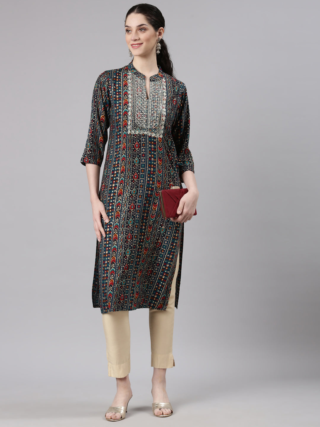 Neerus Blue Straight Casual Ethnic Motifs Kurtas