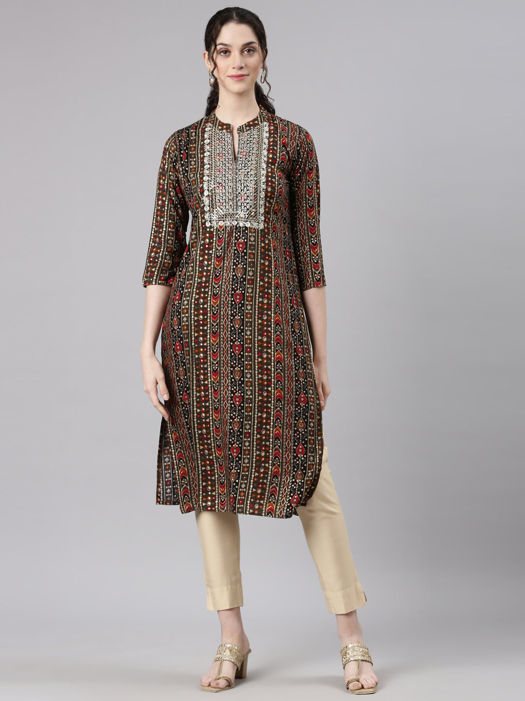 Neerus Olive Straight Casual Ethnic Motifs Kurtas