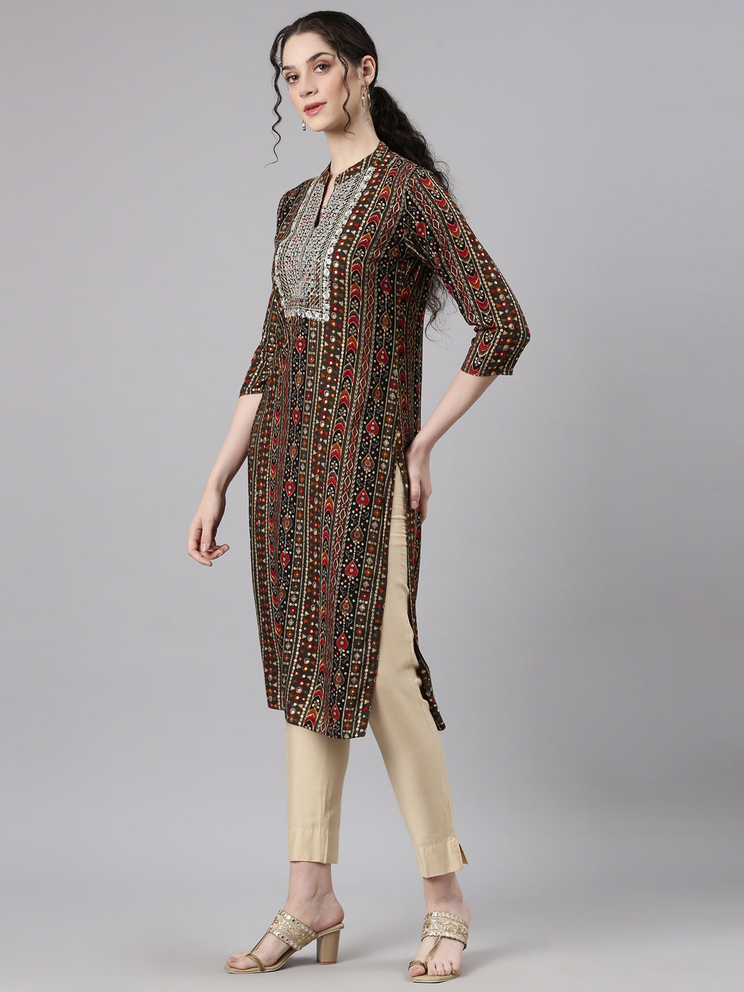 Neerus Olive Straight Casual Ethnic Motifs Kurtas