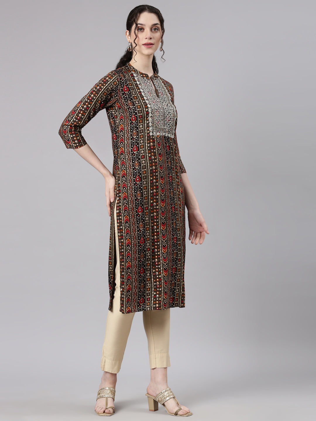 Neerus Olive Straight Casual Ethnic Motifs Kurtas