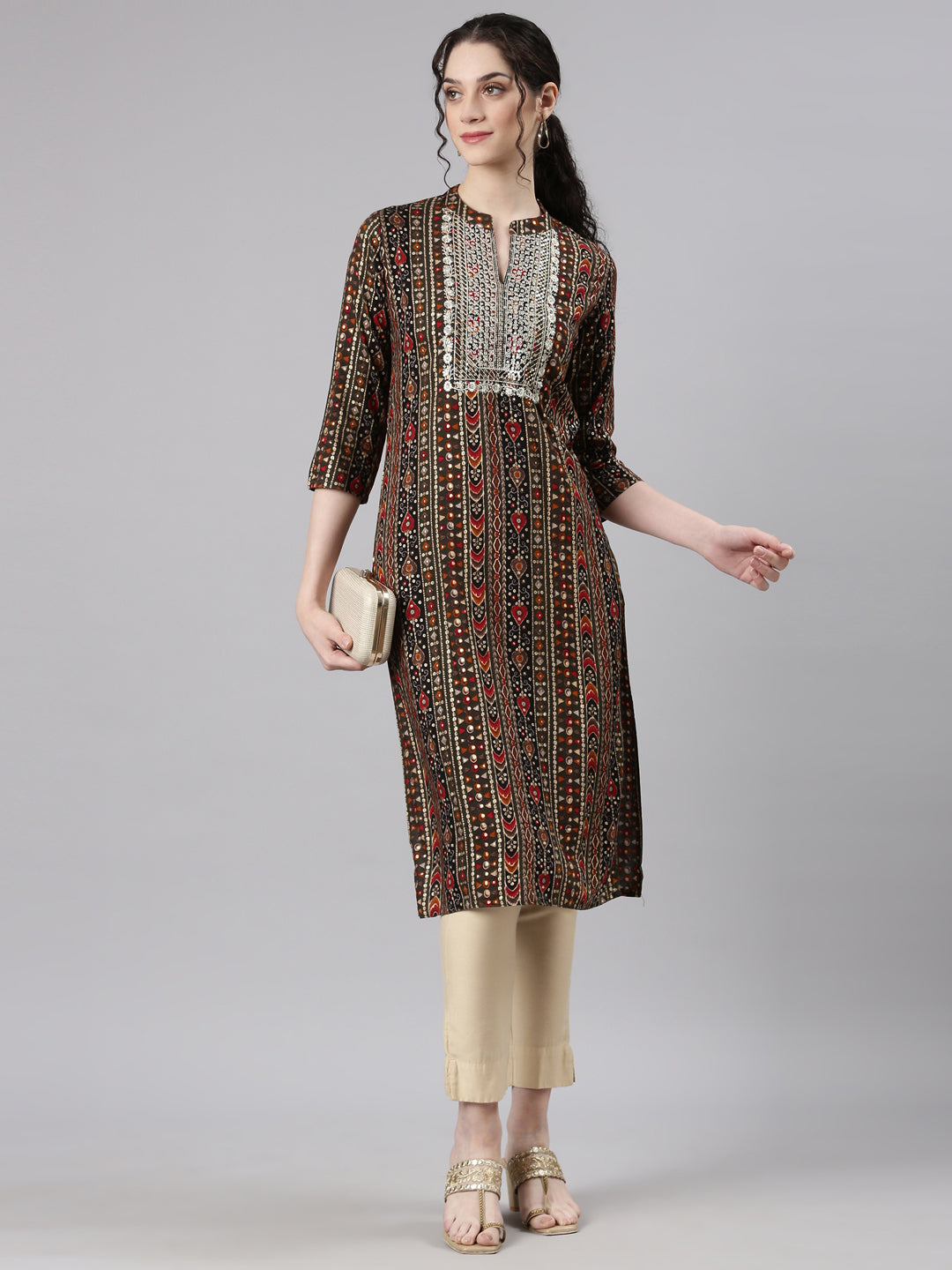 Neerus Olive Straight Casual Ethnic Motifs Kurtas