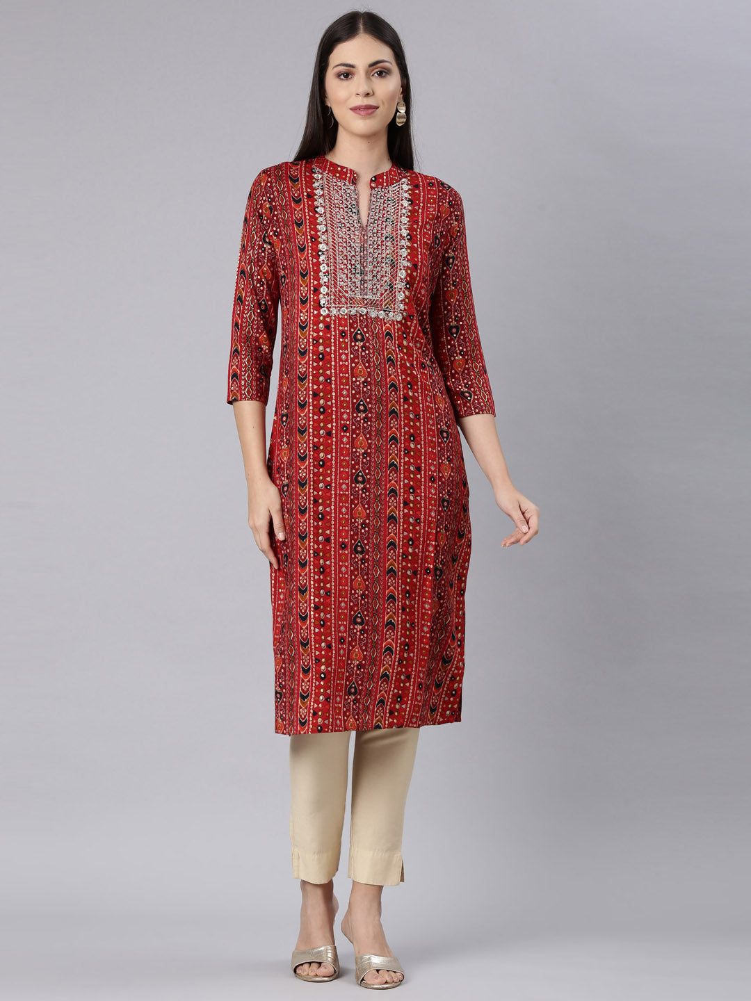 Neerus Red Straight Casual Embellished Straight Kurtas