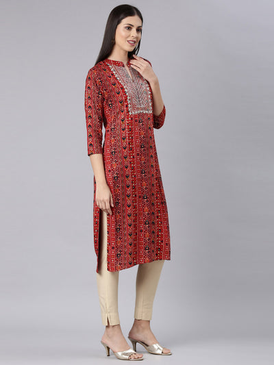 Neerus Red Straight Casual Embellished Straight Kurtas