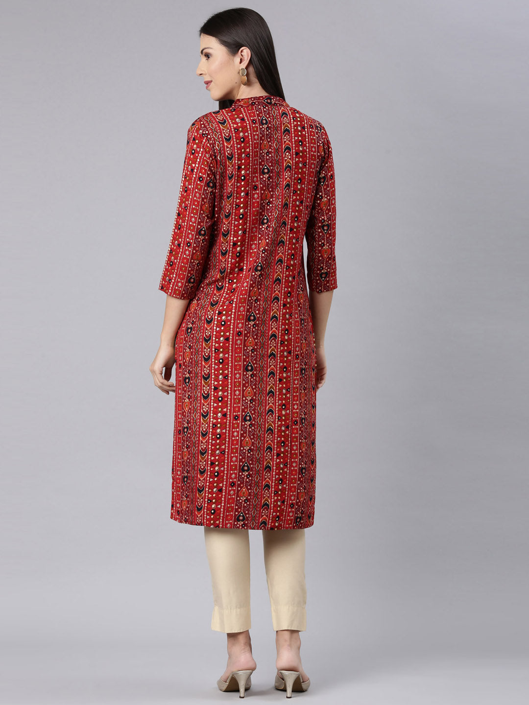 Neerus Red Straight Casual Embellished Straight Kurtas