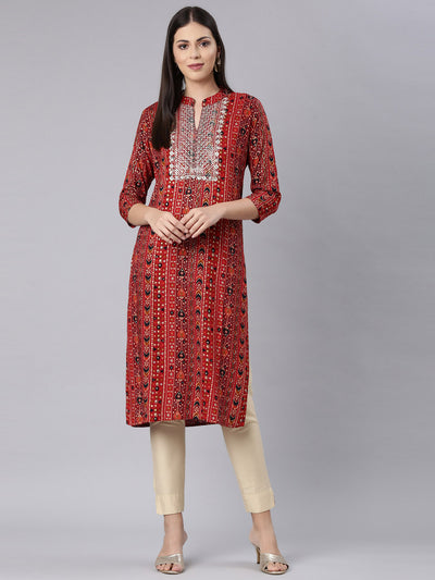 Neerus Red Straight Casual Embellished Straight Kurtas