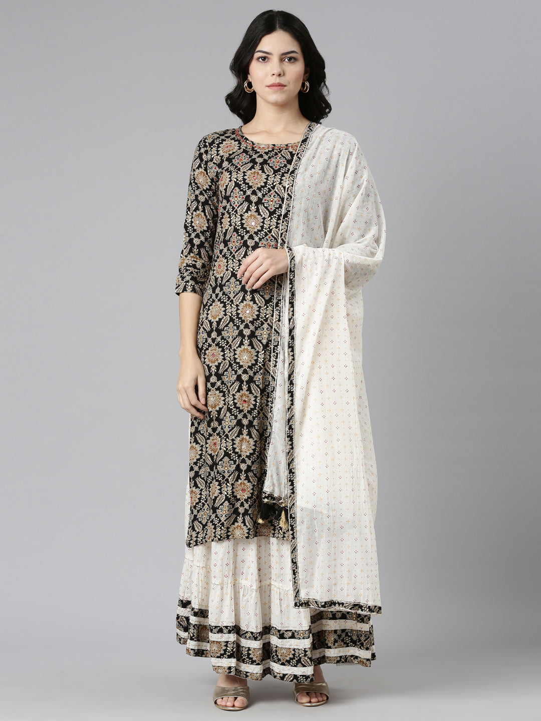 Neeru's Black Regular Straight Printed Kurta And Skirt With Dupatta