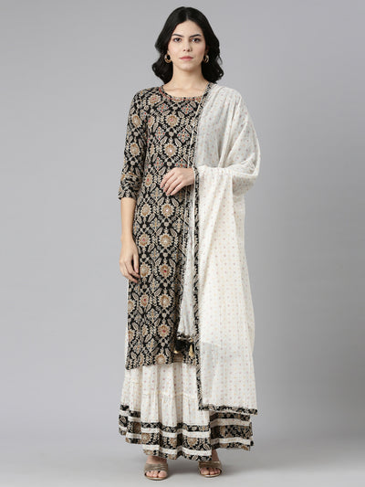 Neeru's Black Regular Straight Printed Kurta And Skirt With Dupatta