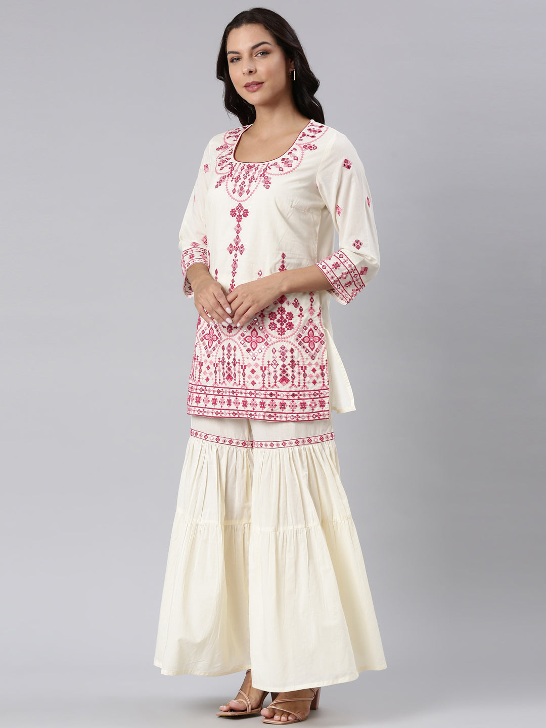 Neerus Pink Panelled Straight Yoke Design Kurti And Sharara With Dupatta