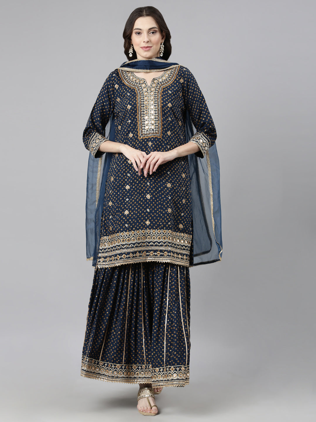 Neerus Navy Blue Casual Bandhani Straight Kurti and Palazzos With Dupatta