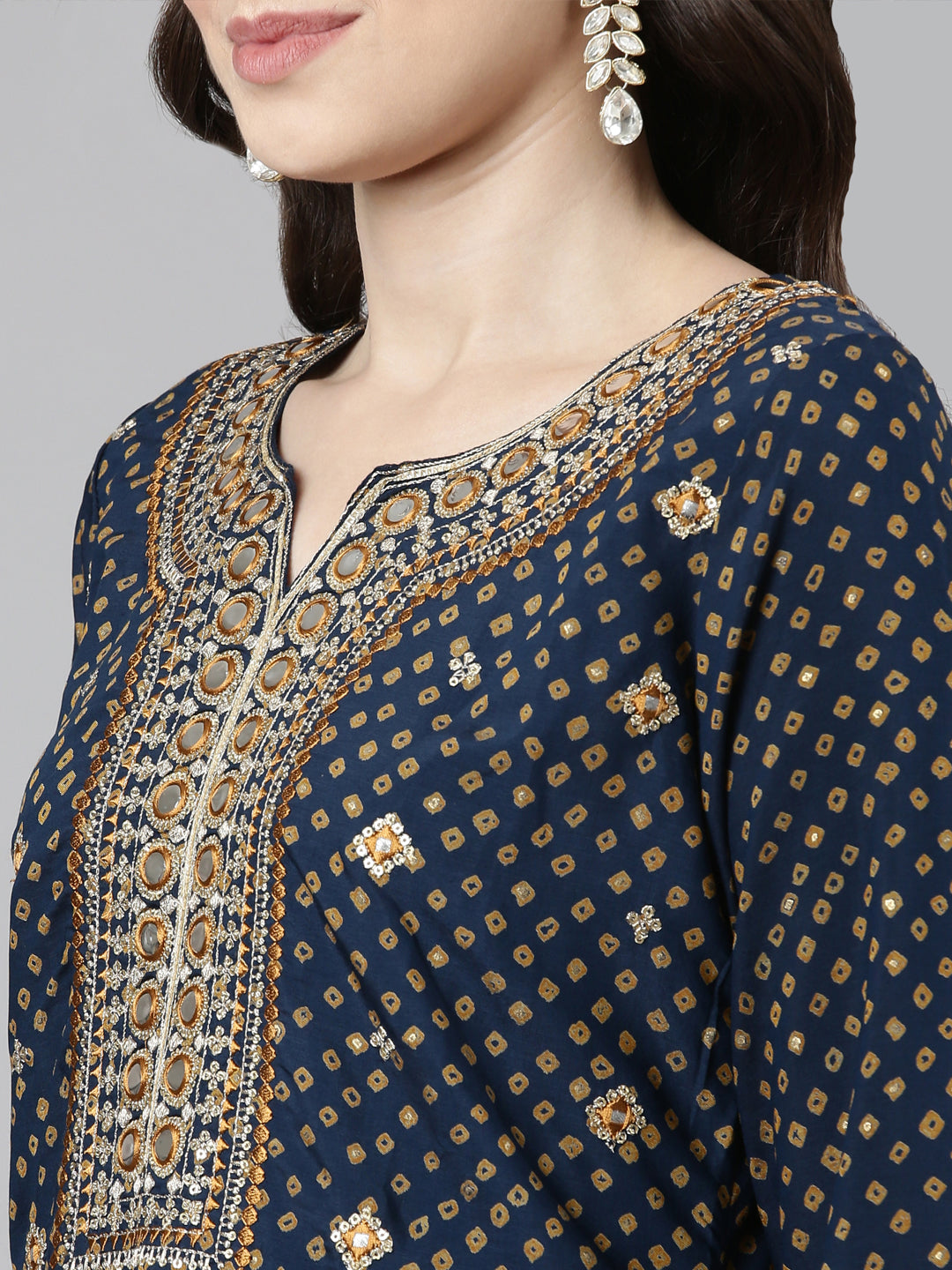 Neerus Navy Blue Casual Bandhani Straight Kurti and Palazzos With Dupatta