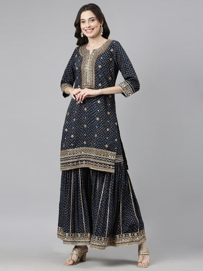 Neerus Navy Blue Casual Bandhani Straight Kurti and Palazzos With Dupatta