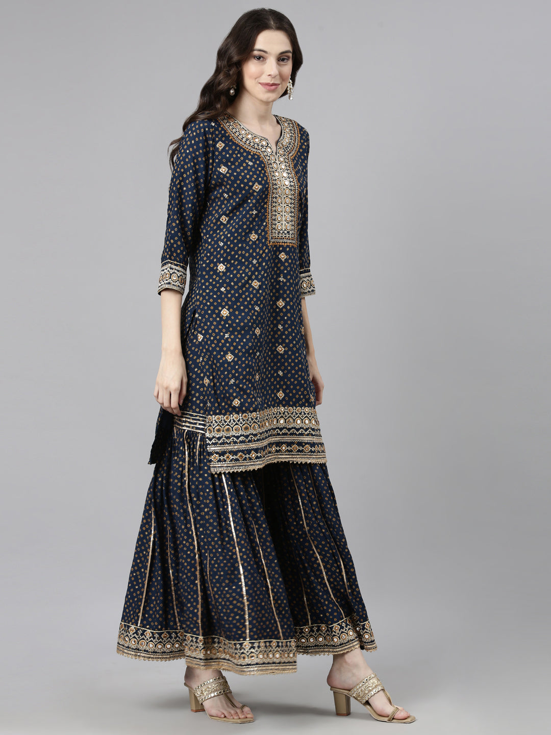 Neerus Navy Blue Casual Bandhani Straight Kurti and Palazzos With Dupatta