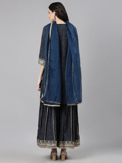 Neerus Navy Blue Casual Bandhani Straight Kurti and Palazzos With Dupatta