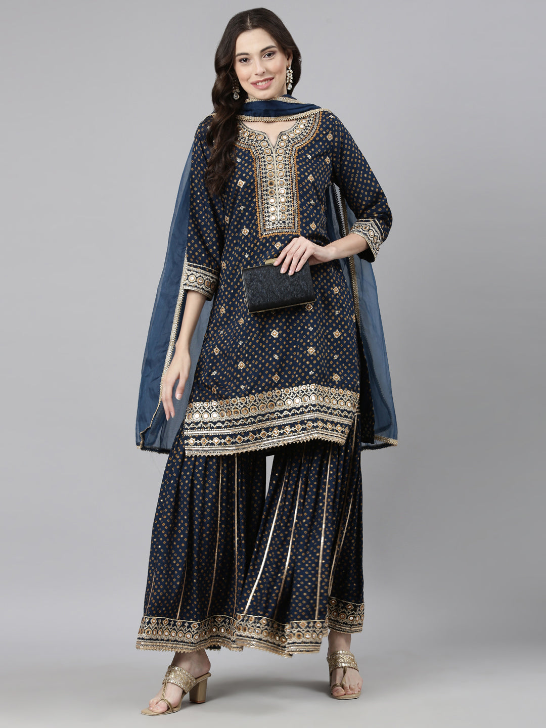 Neerus Navy Blue Casual Bandhani Straight Kurti and Palazzos With Dupatta