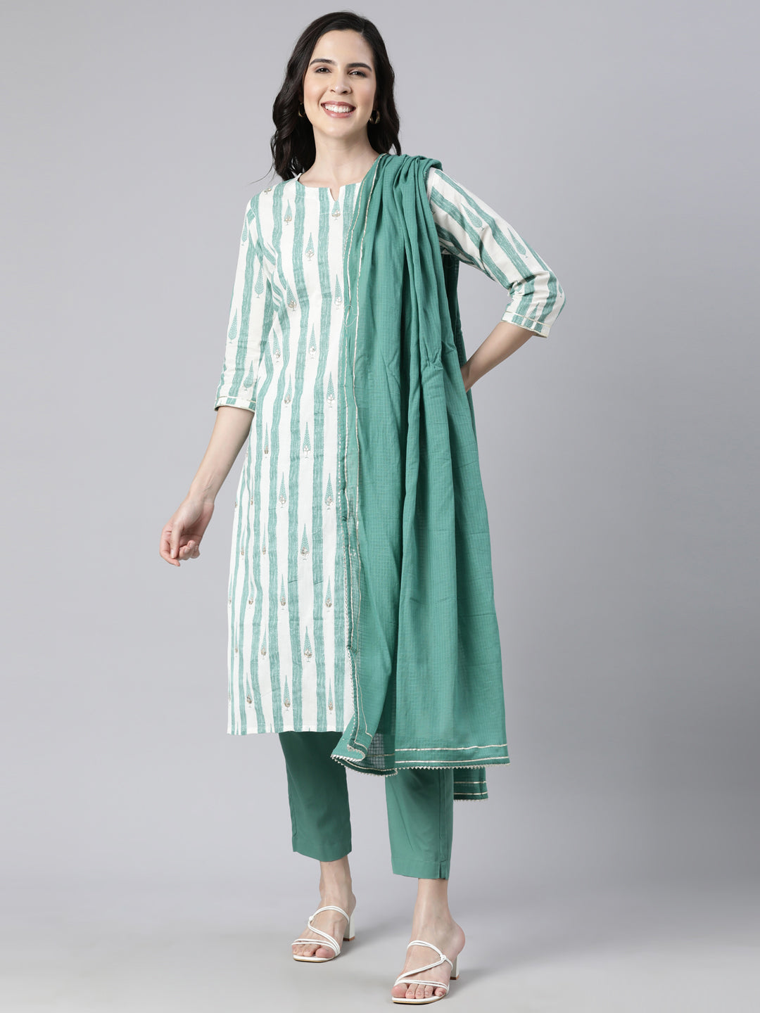 Neerus Green Regular Straight Striped Kurta And  Trousers With Dupatta