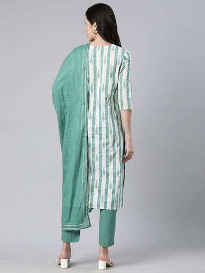 Neerus Green Regular Straight Striped Kurta And  Trousers With Dupatta