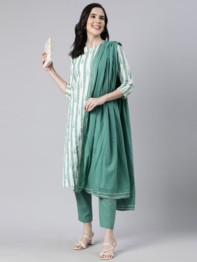 Neerus Green Regular Straight Striped Kurta And  Trousers With Dupatta