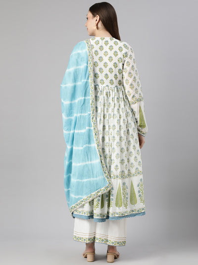 Neerus Green Pleated Straight Floral Kurta And  Palazzos With Dupatta