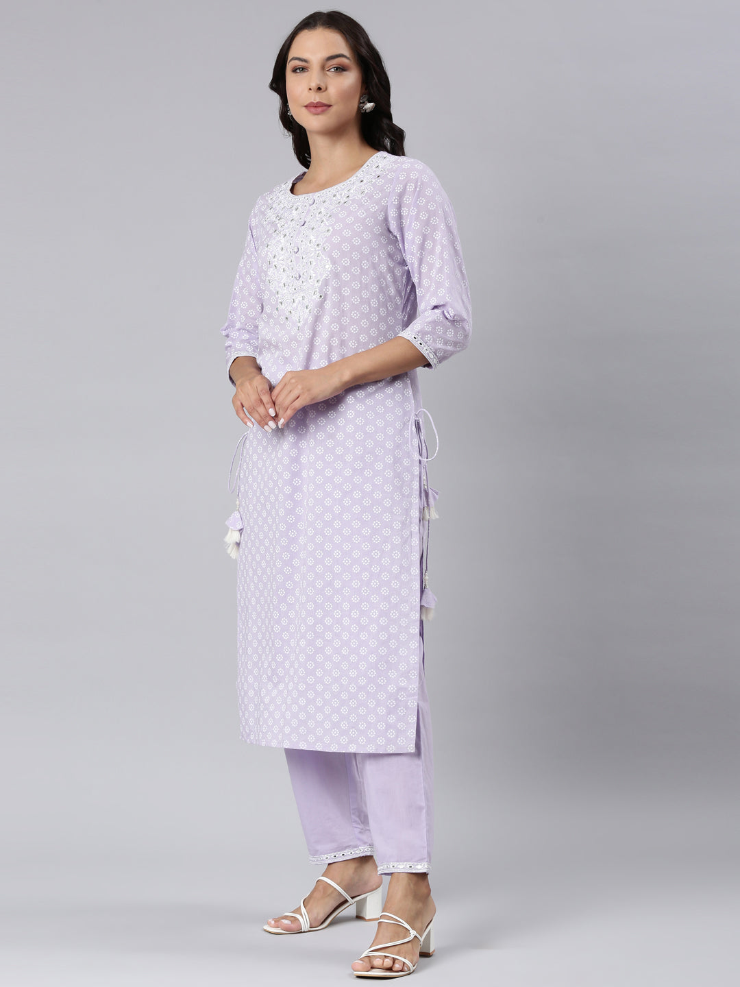 Neerus Lavender Panelled Straight Yoke Design Kurta And Trousers With Dupatta