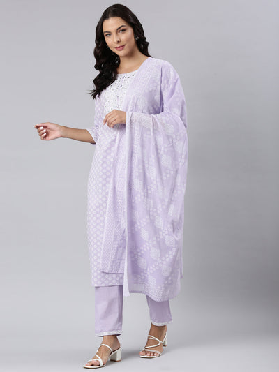 Neerus Lavender Panelled Straight Yoke Design Kurta And Trousers With Dupatta