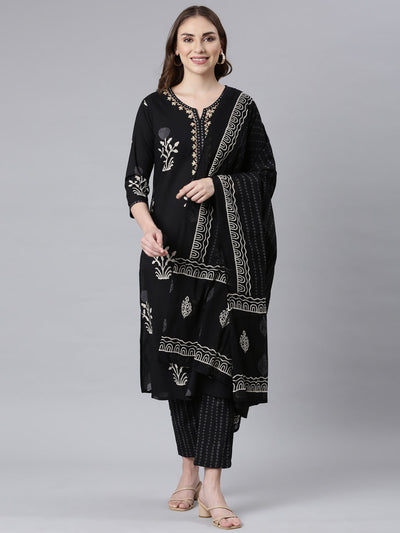 Neerus Black Panelled Straight Floral Readymade Suits