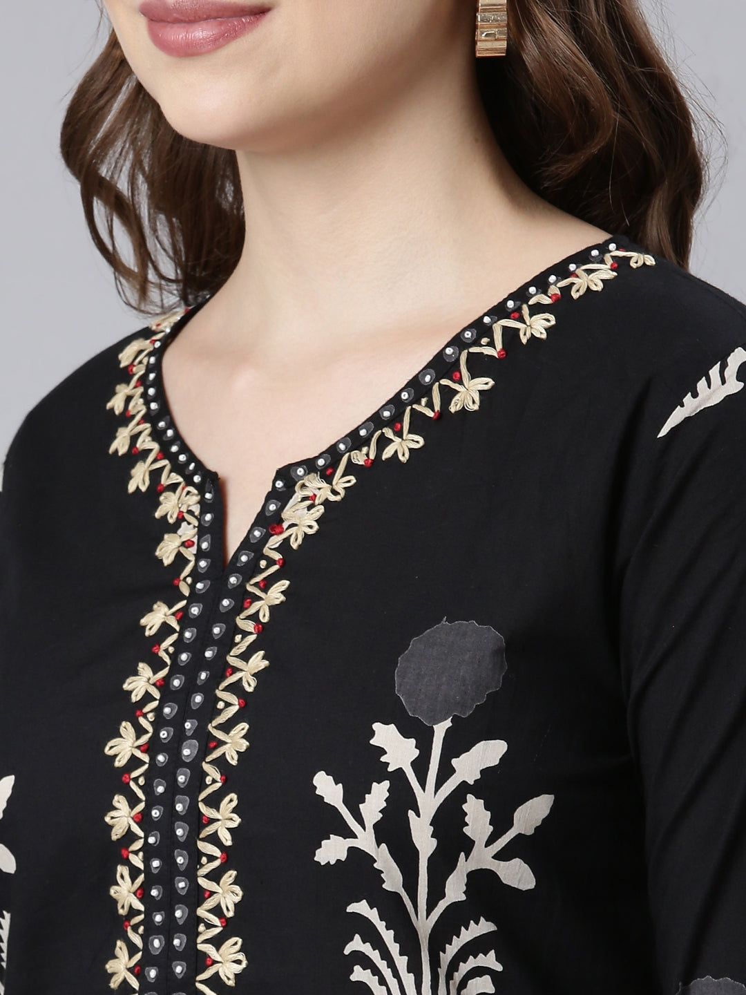 Neerus Black Panelled Straight Floral Readymade Suits