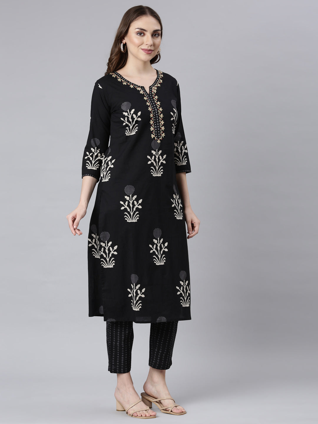 Neerus Black Panelled Straight Floral Readymade Suits