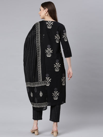 Neerus Black Panelled Straight Floral Readymade Suits