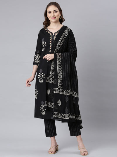 Neerus Black Panelled Straight Floral Readymade Suits