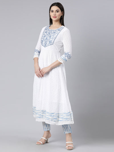 Neerus Blue Panelled Yoke Design Kurta And Trousers With Dupatta