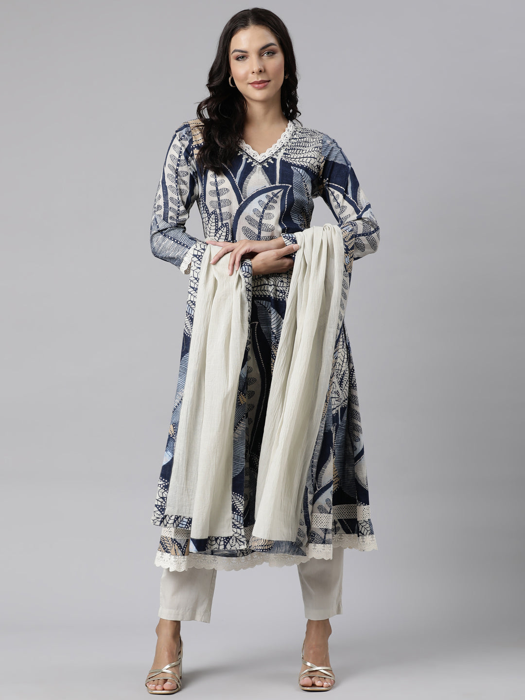 Neerus Blue Panelled Straight Printed Kurta And Trousers With Dupatta