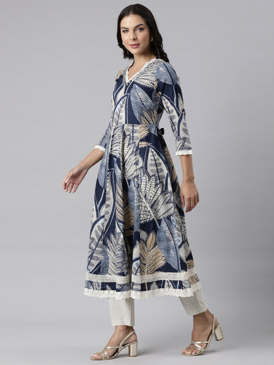 Neerus Blue Panelled Straight Printed Kurta And Trousers With Dupatta