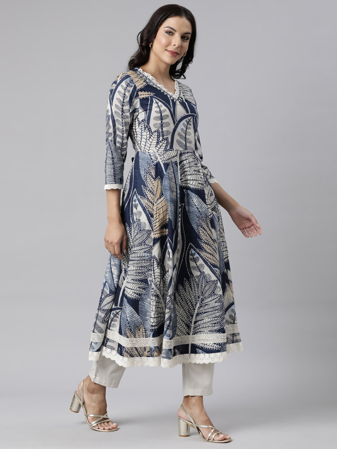 Neerus Blue Panelled Straight Printed Kurta And Trousers With Dupatta