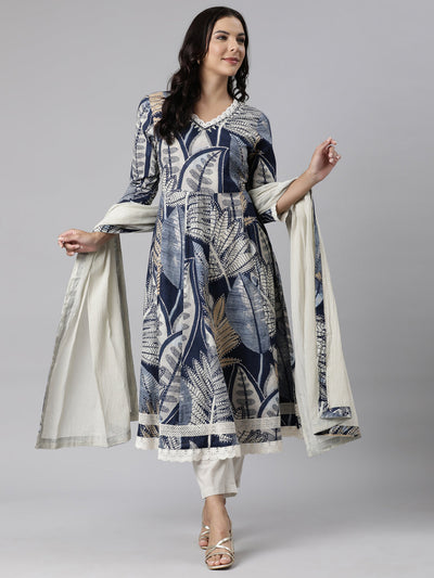 Neerus Blue Panelled Straight Printed Kurta And Trousers With Dupatta