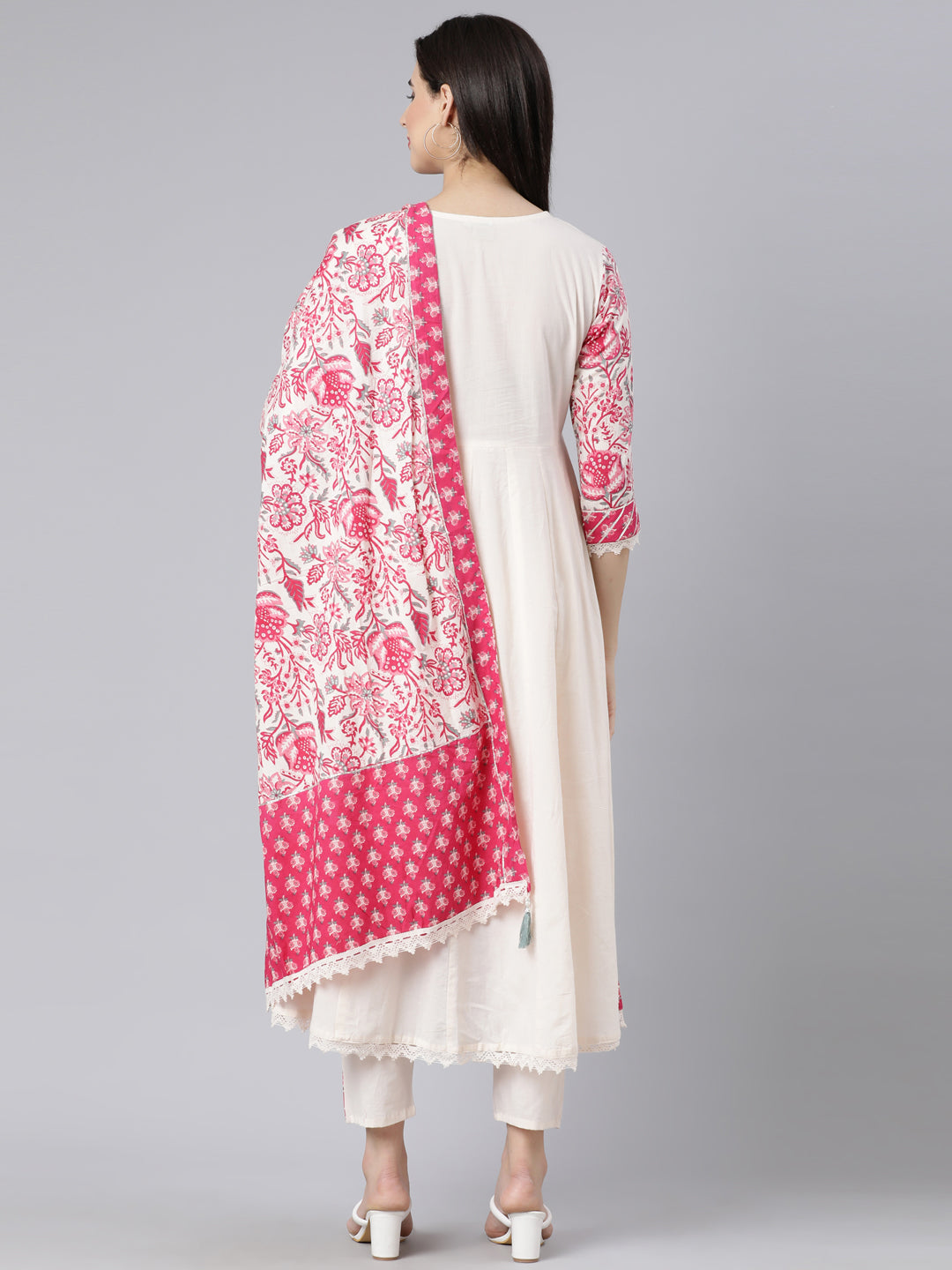 Neerus Off White Panelled Yoke Design Kurta And Trousers With Dupatta