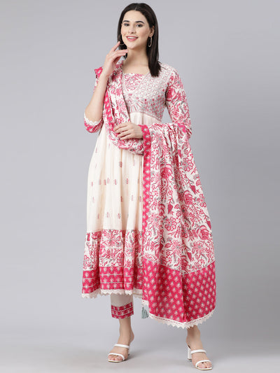 Neerus Off White Panelled Yoke Design Kurta And Trousers With Dupatta