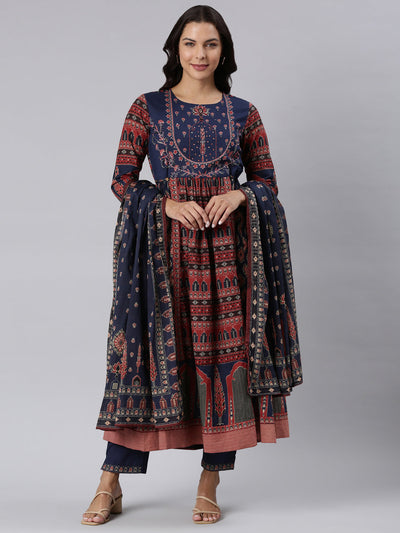 Neerus Navy Blue Panelled Printed Kurta And Trousers With Dupatta