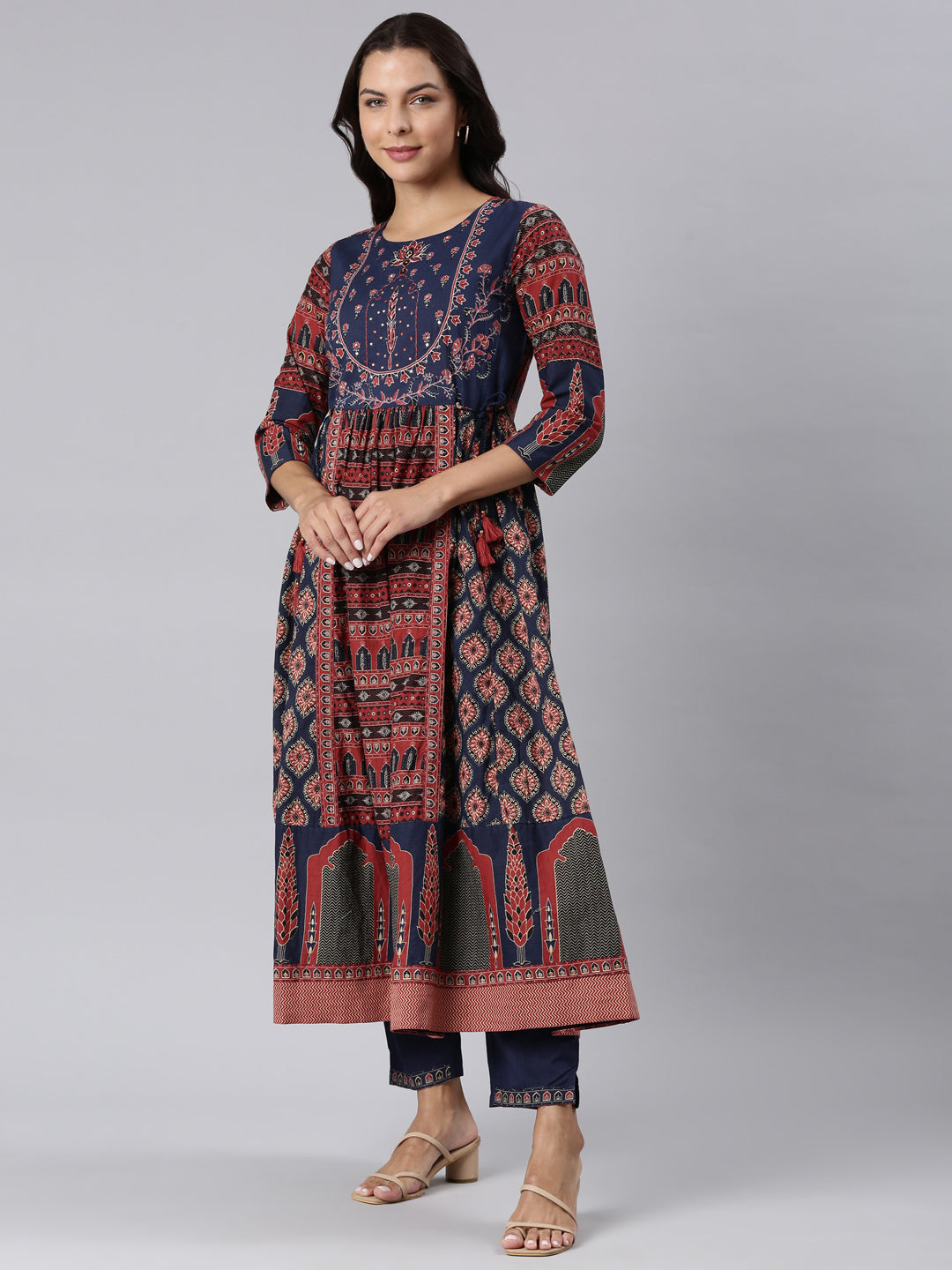 Neerus Navy Blue Panelled Printed Kurta And Trousers With Dupatta