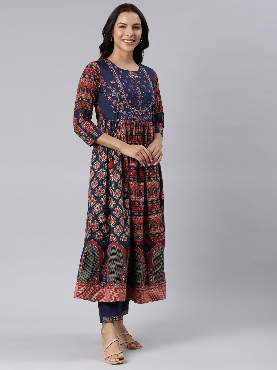 Neerus Navy Blue Panelled Printed Kurta And Trousers With Dupatta